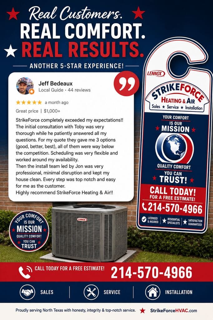 Strike Force review card featuring a five-star Google review from a Dallas homeowner